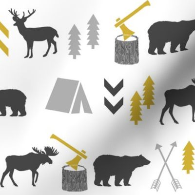 outdoors cabin deer arrows bear moose grey and mustard nursery fabric baby fabric