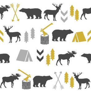 outdoors cabin deer arrows bear moose grey and mustard nursery fabric baby fabric
