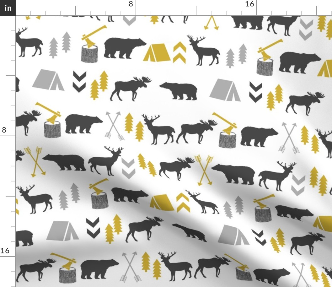 outdoors cabin deer arrows bear moose grey and mustard nursery fabric baby fabric