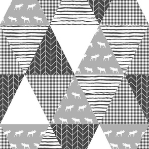 cheater quilt grey and white moose bear stripes patchwork cheater quilt stripes triangle quilt wholecloth quilt top baby quilt crib sheet