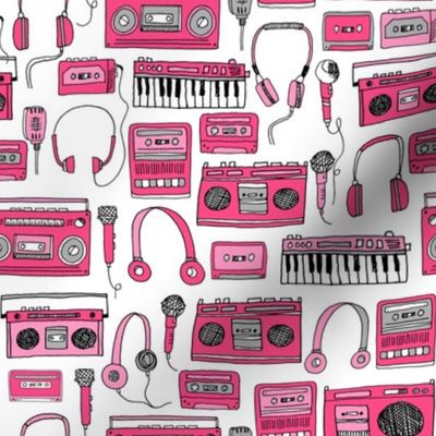 80s music // keyboards headphones cassettes cassette tape player fabric 80s fabric