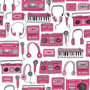80s music // keyboards headphones cassettes cassette tape player fabric 80s fabric