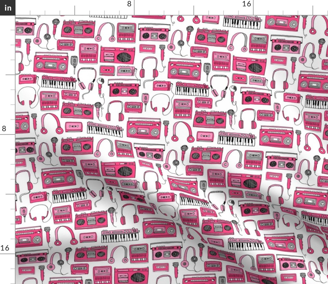 80s music // keyboards headphones cassettes cassette tape player fabric 80s fabric