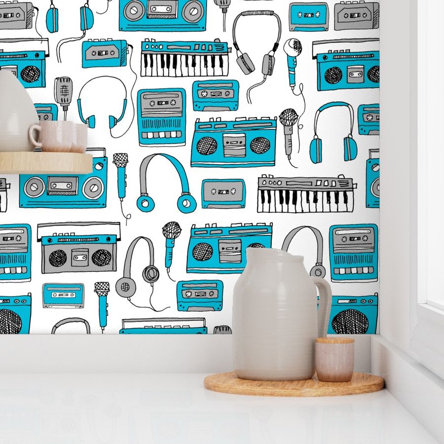 80s music //cassette cassettes fabric keyboards headphones tape players blue grey 80s throwback print