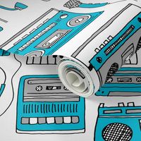 80s music //cassette cassettes fabric keyboards headphones tape players blue grey 80s throwback print