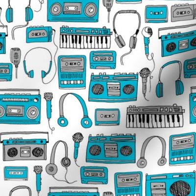 80s music //cassette cassettes fabric keyboards headphones tape players blue grey 80s throwback print