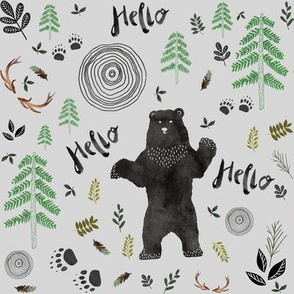 Hello Woodland Watercolor Bear - Gray