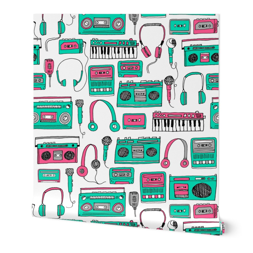 80s music // keyboards karaoke tape player cassettes cassette andrea lauren fabric girls 80s fabric print pink and green