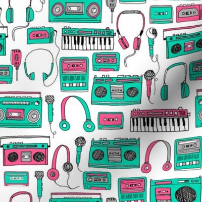 80s music // keyboards karaoke tape player cassettes cassette andrea lauren fabric girls 80s fabric print pink and green