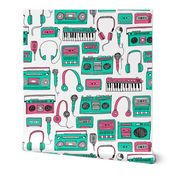 80s music // keyboards karaoke tape player cassettes cassette andrea lauren fabric girls 80s fabric print pink and green