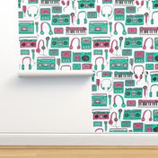 80s music // keyboards karaoke tape player cassettes cassette andrea lauren fabric girls 80s fabric print pink and green