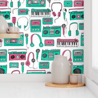 80s music // keyboards karaoke tape player cassettes cassette andrea lauren fabric girls 80s fabric print pink and green