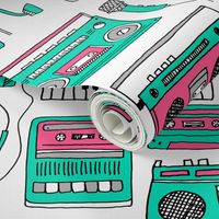 80s music // keyboards karaoke tape player cassettes cassette andrea lauren fabric girls 80s fabric print pink and green