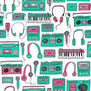 80s music // keyboards karaoke tape player cassettes cassette andrea lauren fabric girls 80s fabric print pink and green