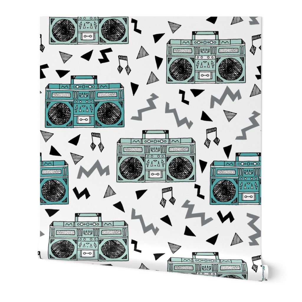 80s boombox //  80s fabric mint and grey fabric music kids girls retro throwback music cassettes fabric