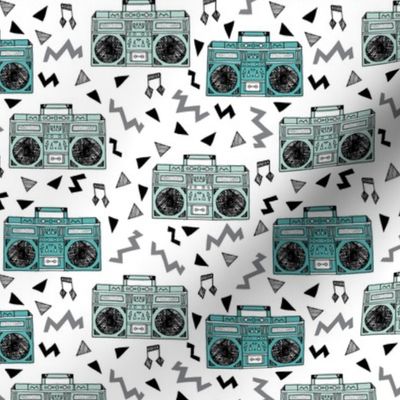 80s boombox //  80s fabric mint and grey fabric music kids girls retro throwback music cassettes fabric