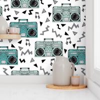 80s boombox //  80s fabric mint and grey fabric music kids girls retro throwback music cassettes fabric