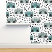 80s boombox //  80s fabric mint and grey fabric music kids girls retro throwback music cassettes fabric