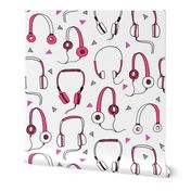 headphones // pink and purple 80s inspired fabric 80s print 90s print cassettes cassette music print by andrea lauren