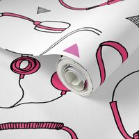 headphones // pink and purple 80s inspired fabric 80s print 90s print cassettes cassette music print by andrea lauren