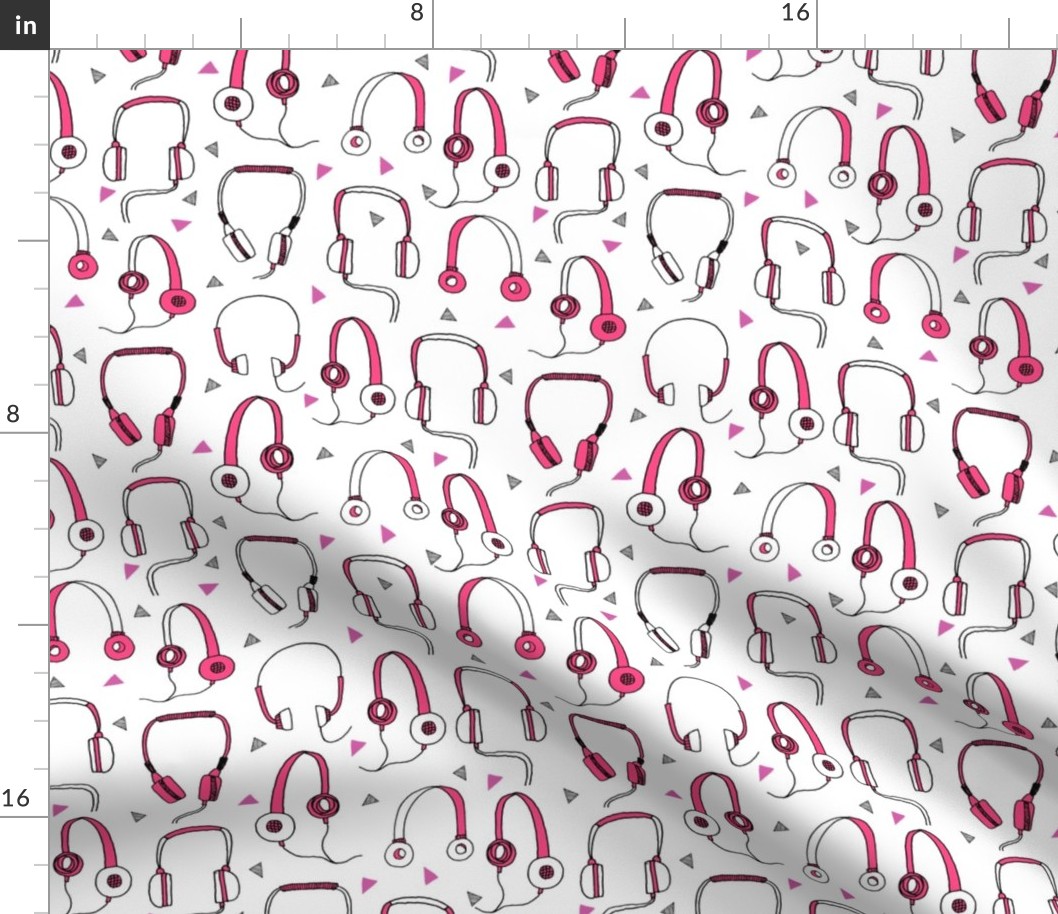 headphones // pink and purple 80s inspired fabric 80s print 90s print cassettes cassette music print by andrea lauren