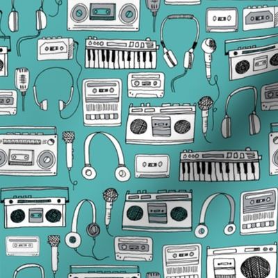 80s music // karaoke keyboards cassettes tapes tape player boombox 80s music 90s fabric print andrea lauren design