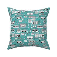 80s music // karaoke keyboards cassettes tapes tape player boombox 80s music 90s fabric print andrea lauren design