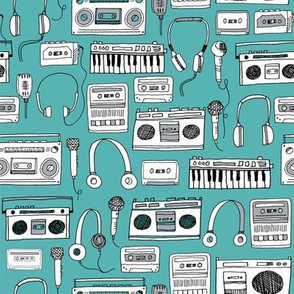 80s music // karaoke keyboards cassettes tapes tape player boombox 80s music 90s fabric print andrea lauren design