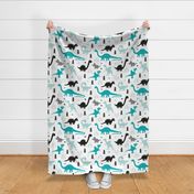 Adorable dino boys fabric with black and blue dinosaur geometric triangles and funky animal illustration theme for kids LARGE Jumbo