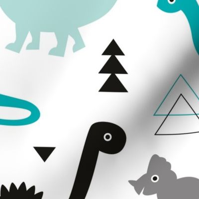 Adorable dino boys fabric with black and blue dinosaur geometric triangles and funky animal illustration theme for kids LARGE Jumbo