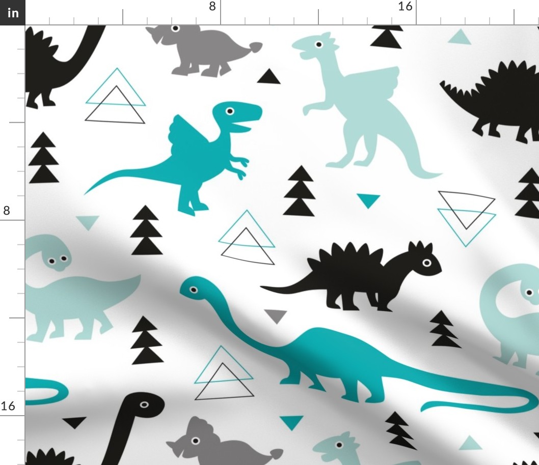 Adorable dino boys fabric with black and blue dinosaur geometric triangles and funky animal illustration theme for kids LARGE Jumbo