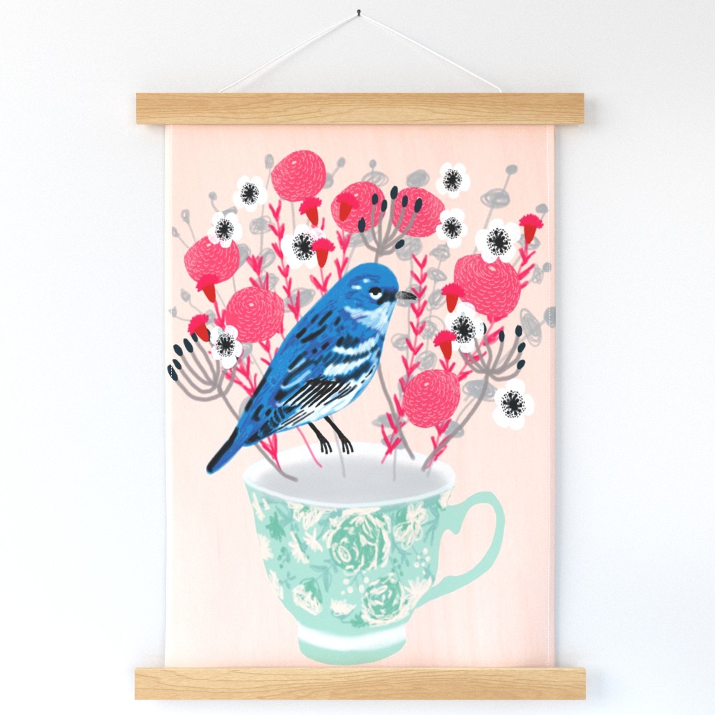 tea towel bird // bird on teacup cut and sew tea towels cute pink and mint tea towel kitchen andrea lauren