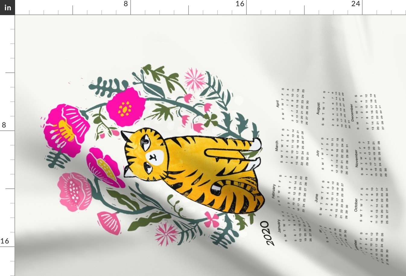 2020 cat calendar // linocut cat calendar flowers cut and sew andrea lauren tea towel fabric calendar andrea lauren design