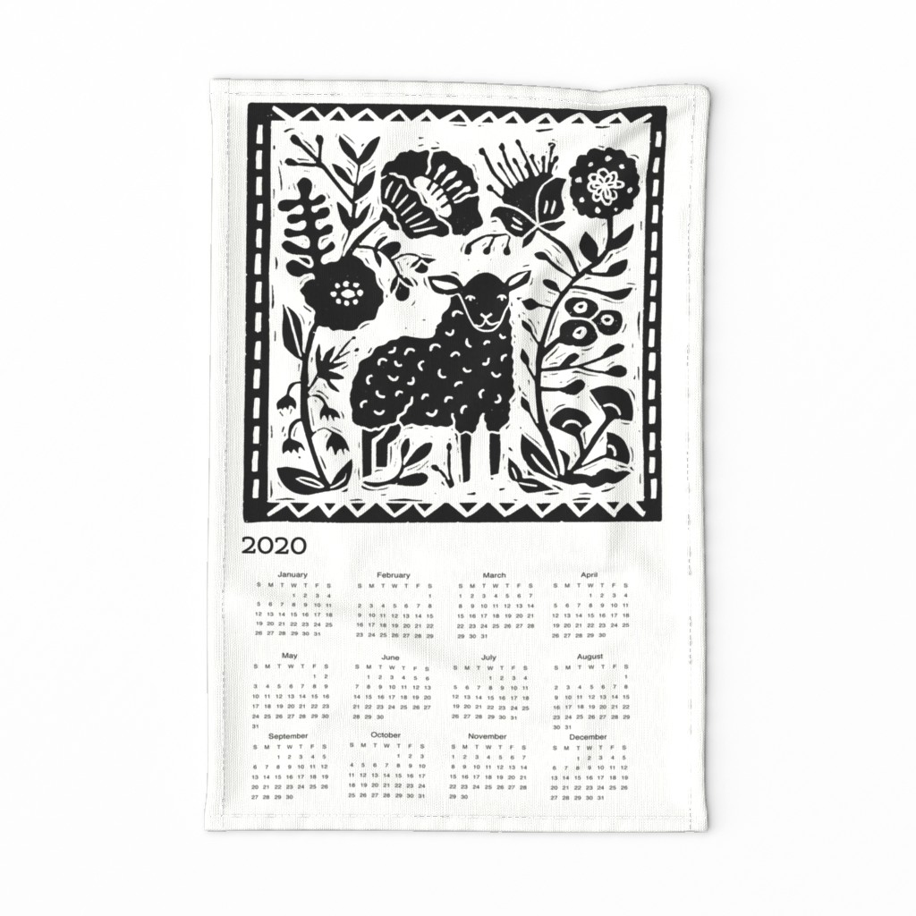 2020 sheep calendar // calendar cut and sew tea towel cut and sew linocut calendar sheep knitting cute animals