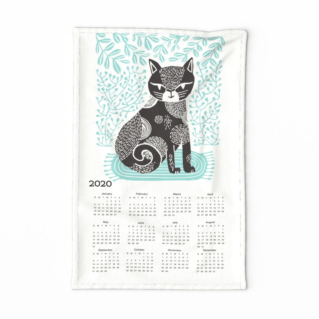 2020 cat linocut calendar // calendar cut and sew calendar linocut cat cat design andrea lauren fabric andrea lauren tea towel