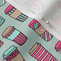 coffee // latte cafe coffee fabric mint and pink cute hand-drawn coffee drinks fabric