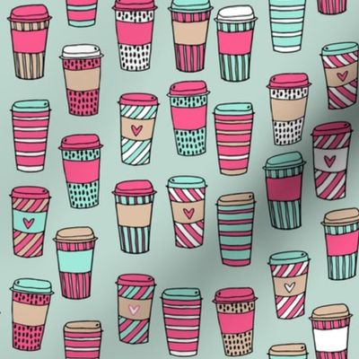 coffee // latte cafe coffee fabric mint and pink cute hand-drawn coffee drinks fabric