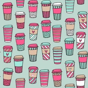 coffee // latte cafe coffee fabric mint and pink cute hand-drawn coffee drinks fabric