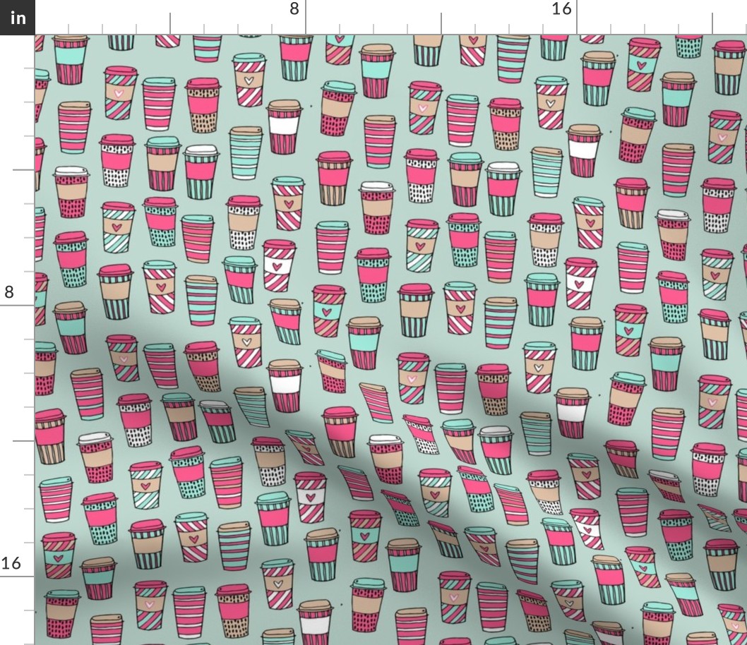 coffee // latte cafe coffee fabric mint and pink cute hand-drawn coffee drinks fabric