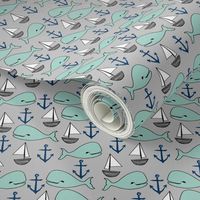 nautical whales //navy blue grey and mint white whales sailboats anchors anchor nursery baby cute whale sailboat design