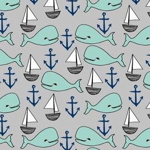 nautical whales //navy blue grey and mint white whales sailboats anchors anchor nursery baby cute whale sailboat design