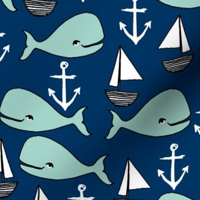 nautical whales // mint and navy blue whale sailboat anchors fabric anchor design cute baby nursery andrea lauren fabric