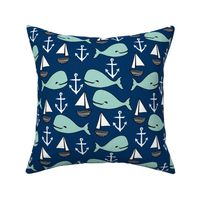 nautical whales // mint and navy blue whale sailboat anchors fabric anchor design cute baby nursery andrea lauren fabric