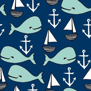 nautical whales // mint and navy blue whale sailboat anchors fabric anchor design cute baby nursery andrea lauren fabric