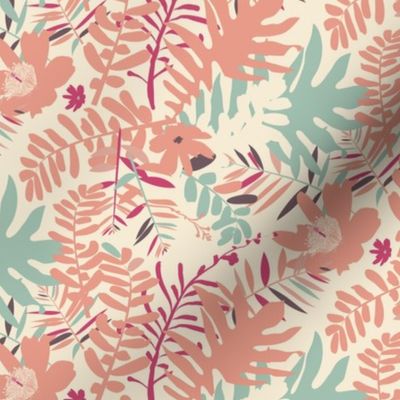 Tropical leaves in vintage pink colors