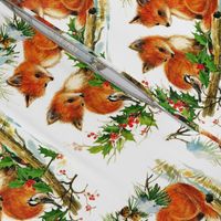 mistletoe Chickadee birds winter snow red foxes forests trees animals Conifer cone pine trees merry christmas vintage retro 