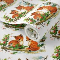 mistletoe Chickadee birds winter snow red foxes forests trees animals Conifer cone pine trees merry christmas vintage retro 