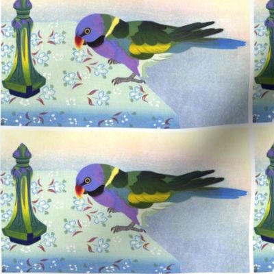 exotic birds ringneck parakeet parrots floral flowers tables vases vintage animals