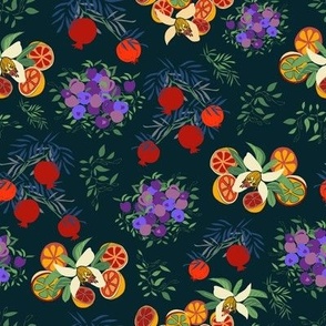 Fruit Crazy Orange Blossoms -on very Dark Green, Medium version