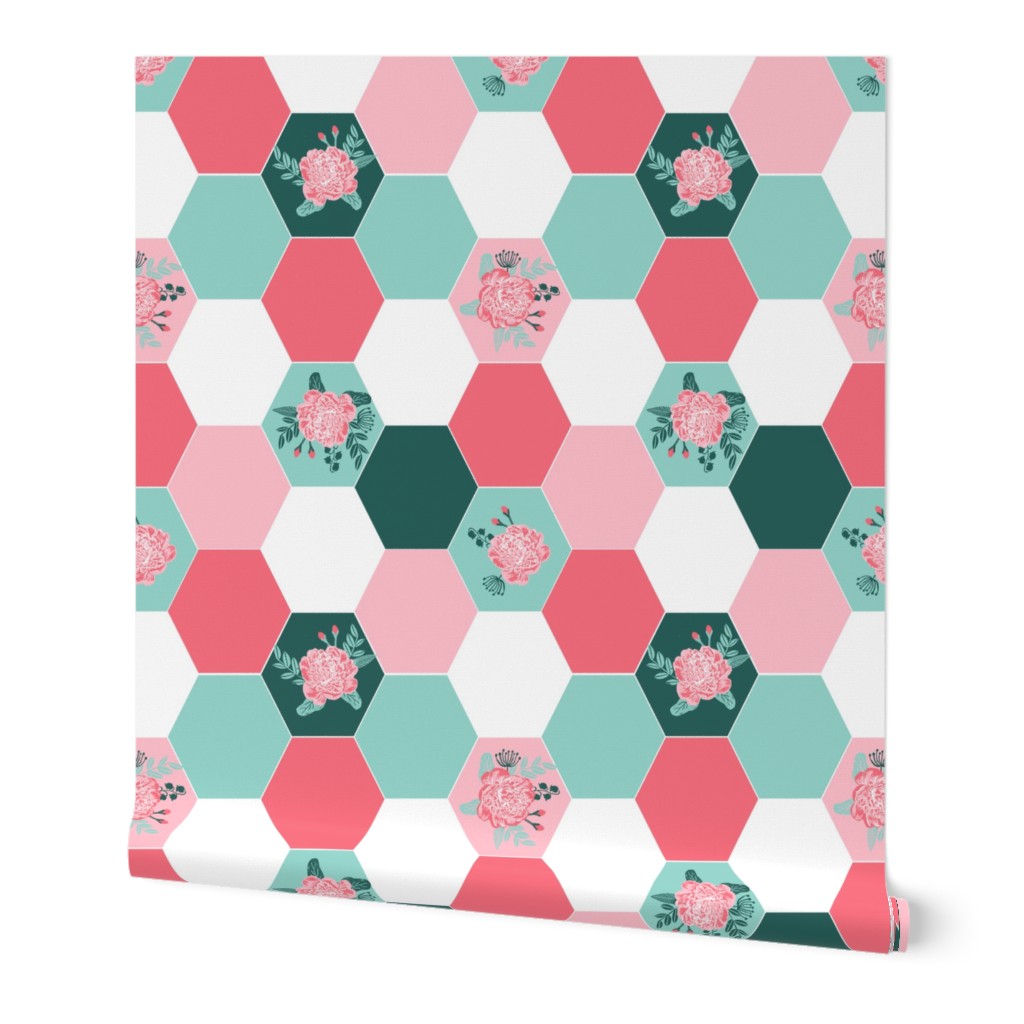 hexagon quilt, cheater quilt, hexies, hexie, quilt, hexie quilt fabric, florals quilt, girls flowers, nursery quilt